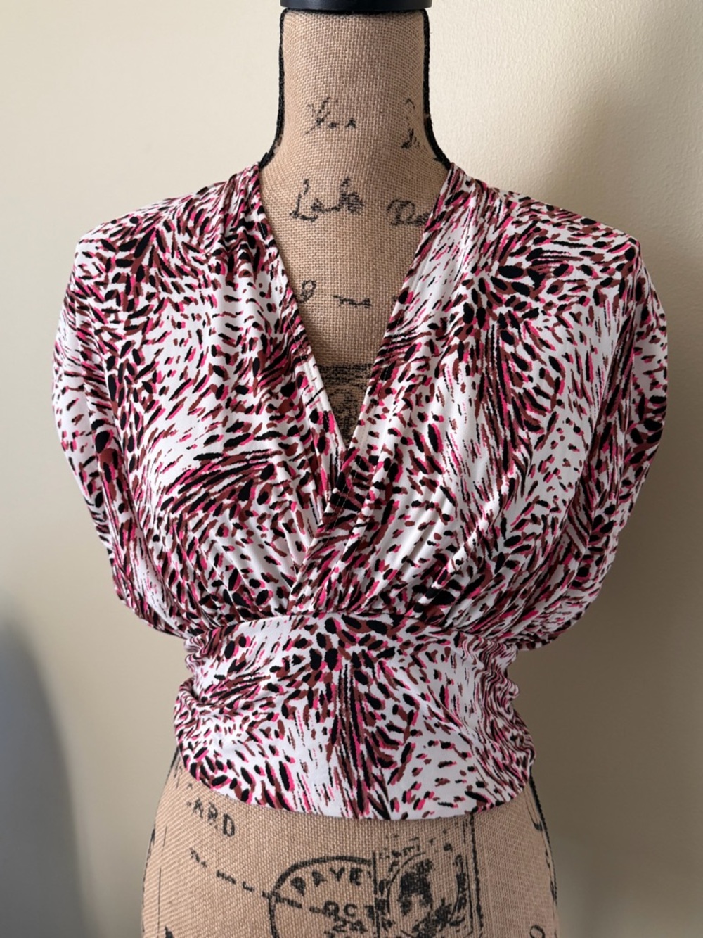Express Pink and Black Abstract Draped V-Neck Blouse